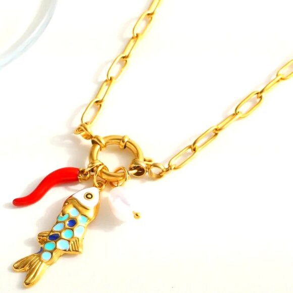 ENAMEL FISH AND CORAL DROP PENDANT IN BLUES AND GREENS WIDE LINK NECKLACE - Picture 1 of 1